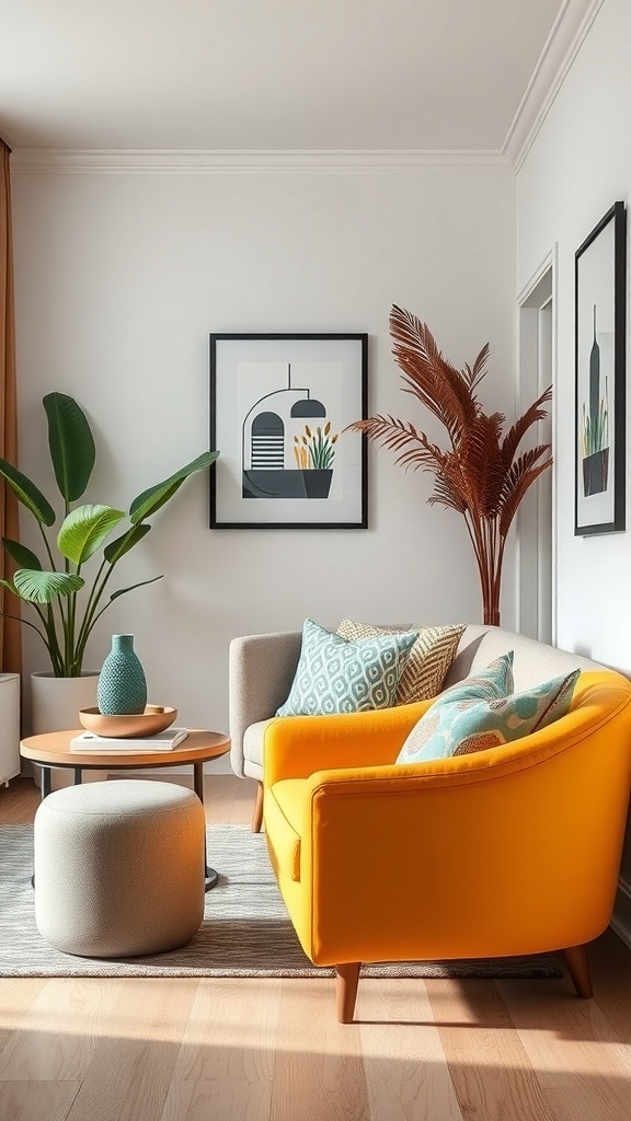 A small apartment living room featuring a bright yellow chair, gray couch, and decorative pillows.