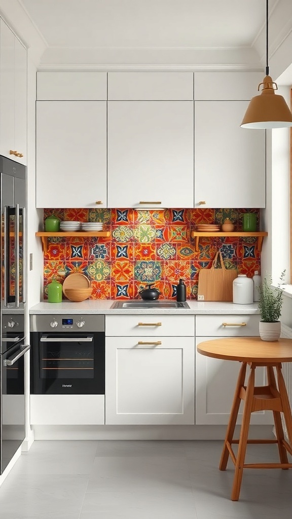 A small kitchen with a vibrant tile backsplash featuring colorful patterns, white cabinets, and a wooden table.
