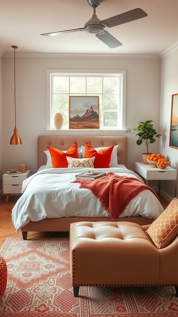A cozy bedroom featuring burnt orange accents with pillows and a throw, complemented by neutral bedding and a warm atmosphere.