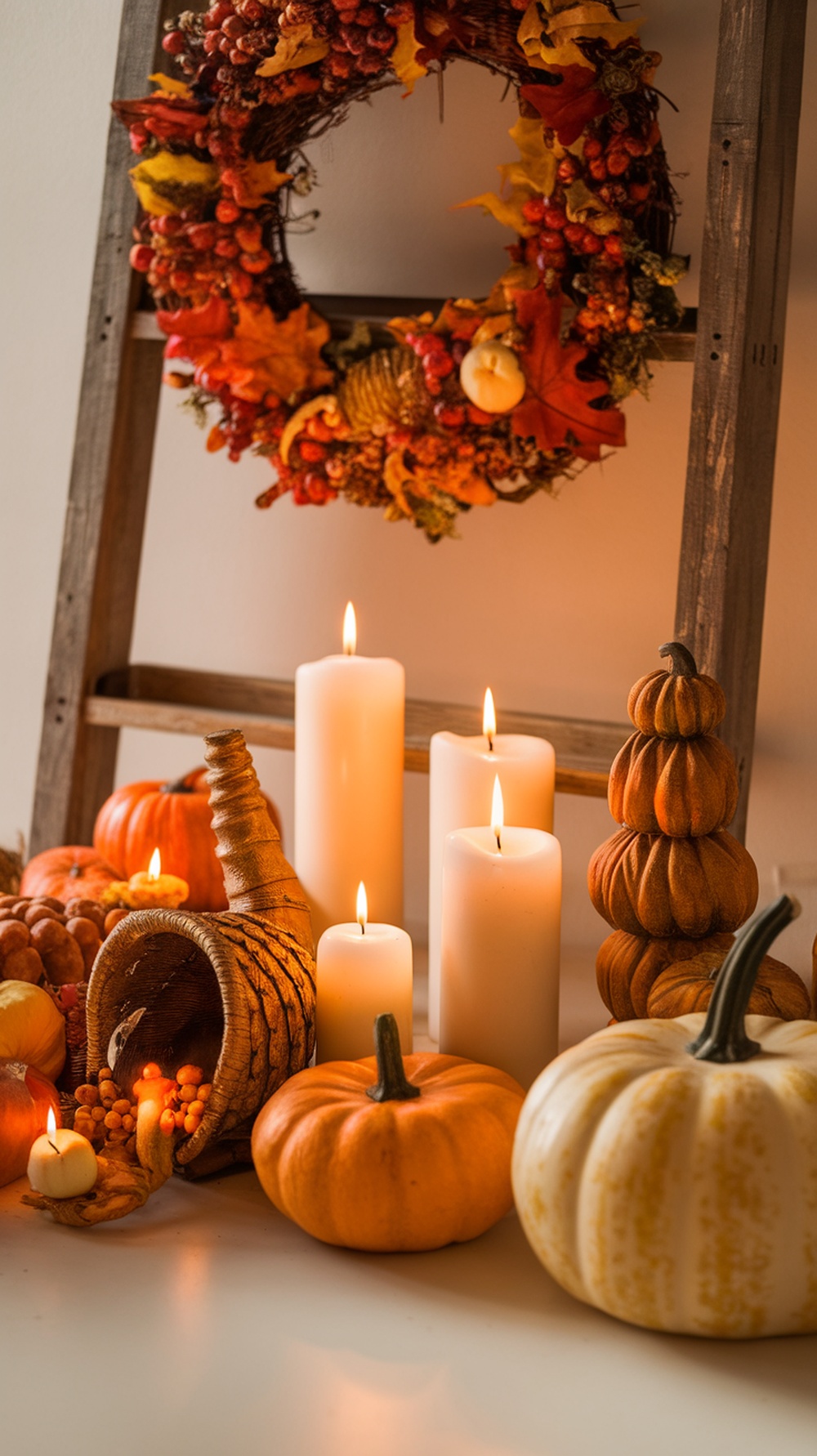 A cozy Thanksgiving decor featuring candles, pumpkins, and a cornucopia.