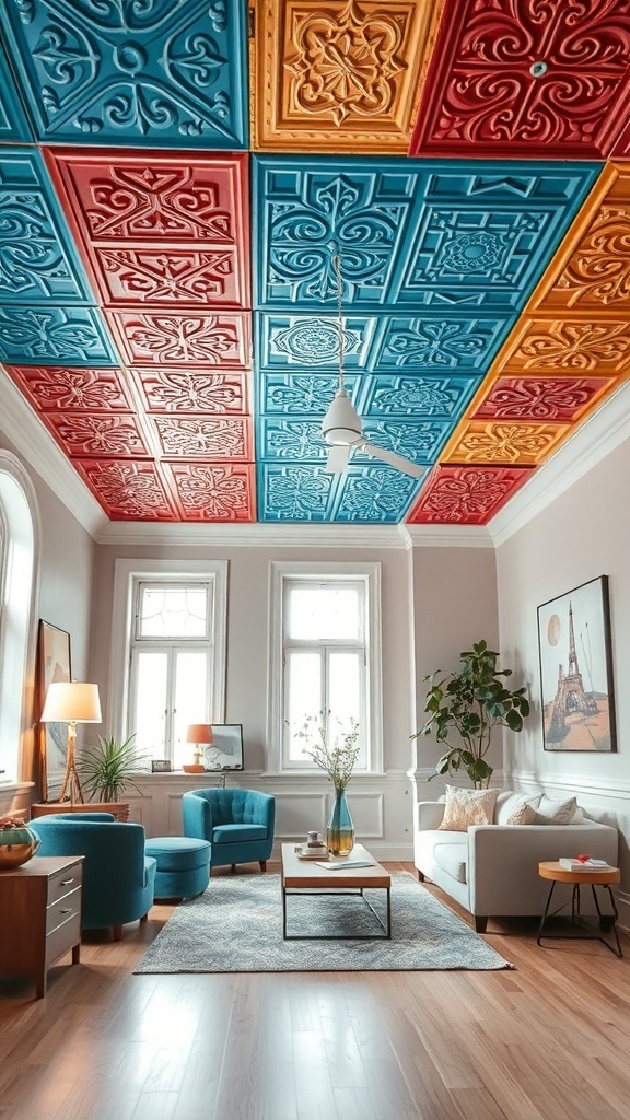 Stylish living room with colorful ceiling tiles and modern furniture.