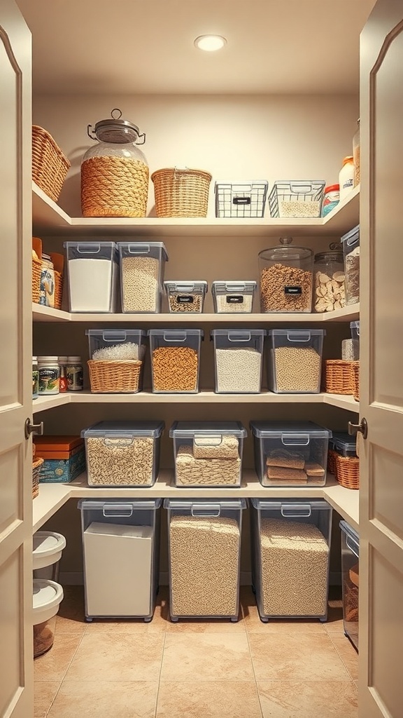 Organized pantry with clear bins for bulk items