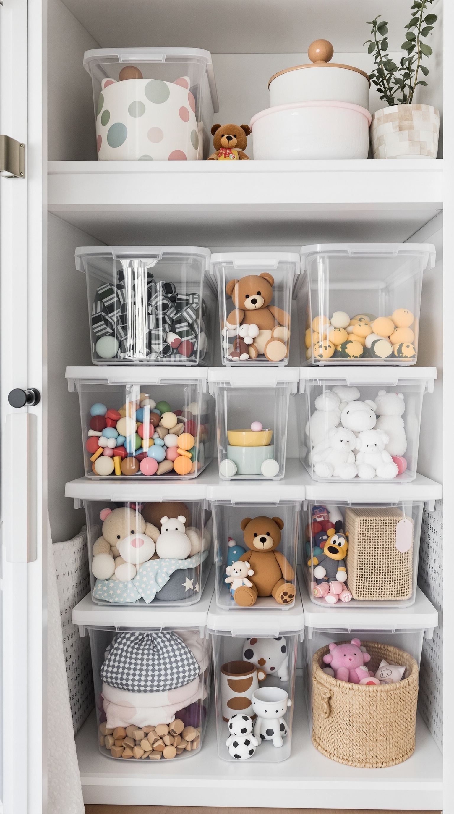 A shelf organized with clear bins containing various toys, showcasing visibility and accessibility.