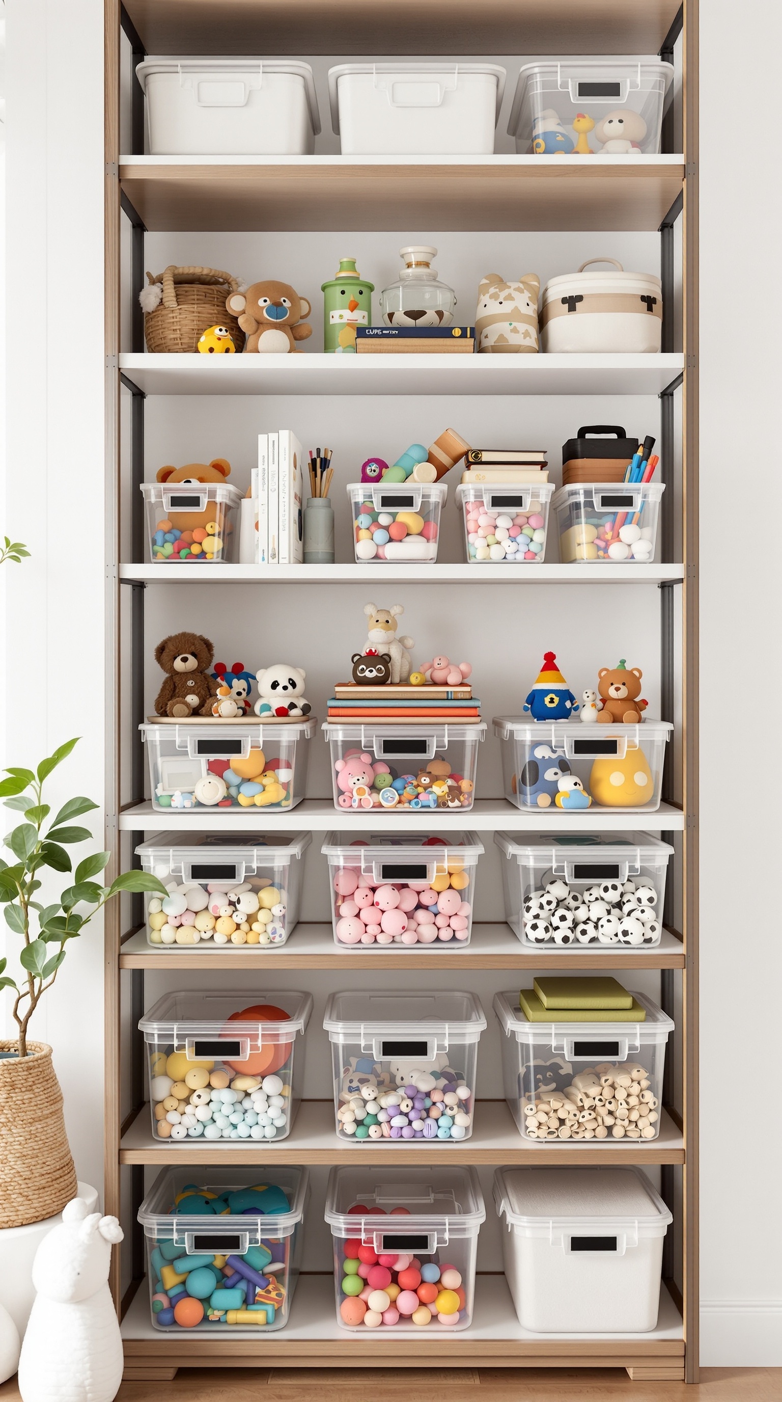 A shelf filled with clear containers organized with various toys and colorful items.