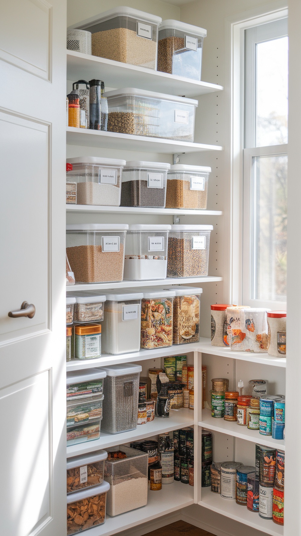 Organized pantry with clear containers and labeled items
