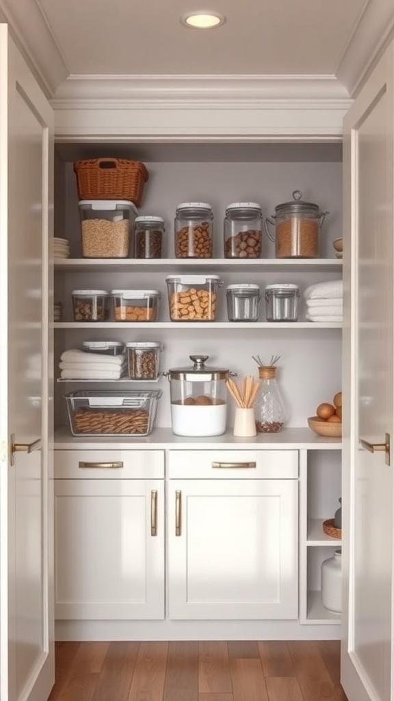 A well-organized small walk-in pantry with clear containers, jars, and baskets for easy visibility.