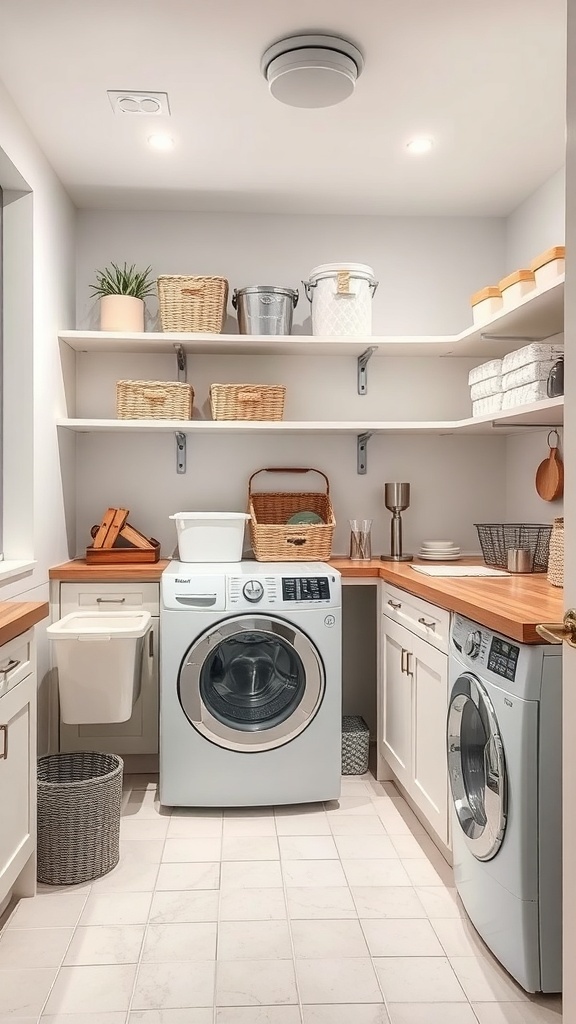 A small utility room featuring clear containers on shelves for organized storage.