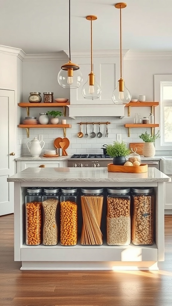 A modern kitchen island with clear containers filled with various dry ingredients and a stylish countertop.