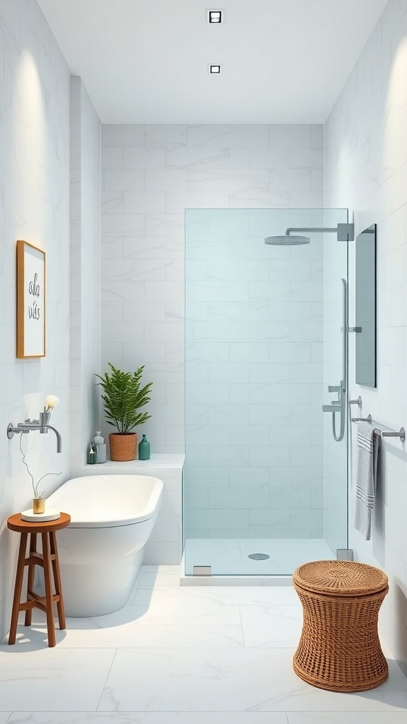 A narrow bathroom featuring a clear glass shower enclosure, a bathtub, and decorative plants.