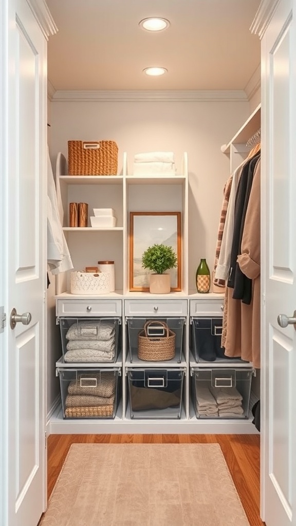 A small walk-in closet featuring clear storage boxes, shelves, and decorative baskets for organization.