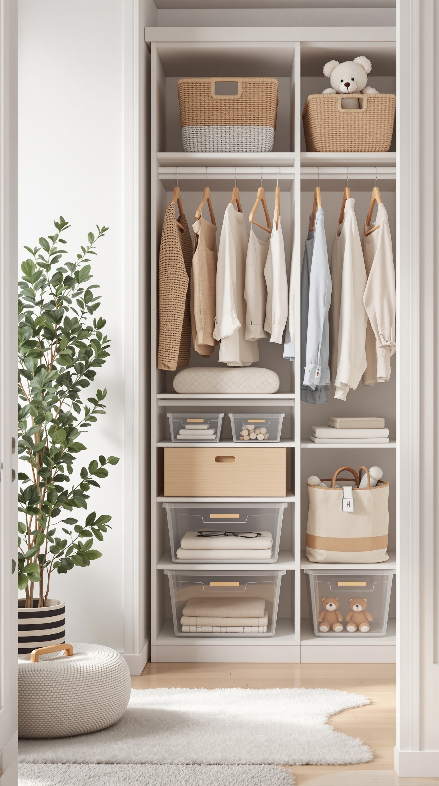 A well-organized baby room closet featuring clear storage containers, neatly hung clothes, and a cozy plant.