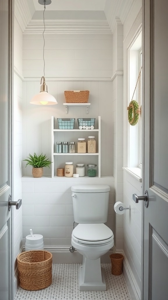 A small bathroom featuring clear storage containers on shelves, showcasing organized toiletries and decorative items.