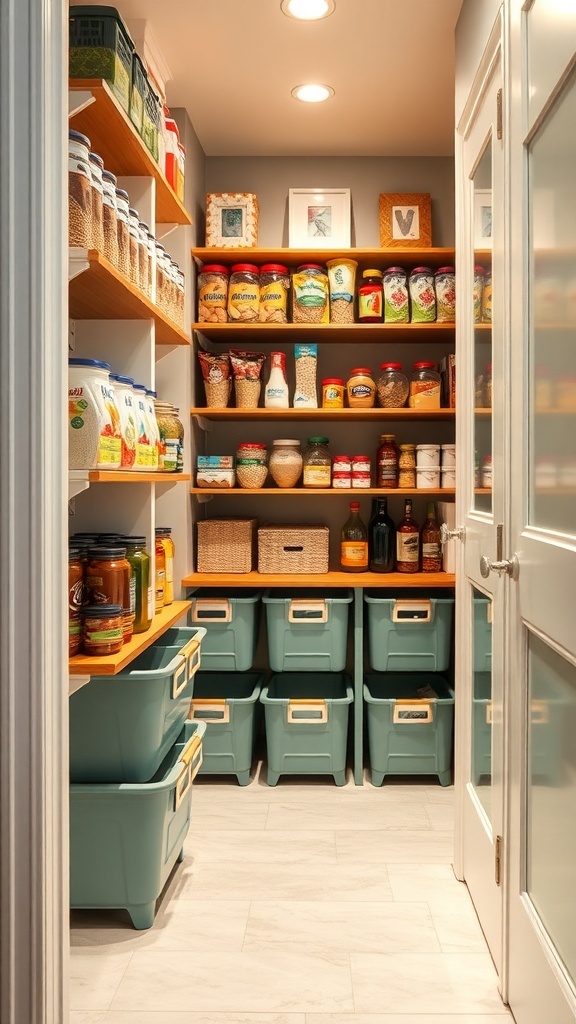 A narrow pantry with teal color-coded bins, wooden shelves, and organized food items.