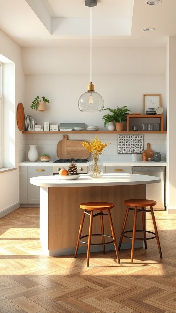 A small kitchen island with a light wood finish and white countertop, featuring two bar stools and decorative items.