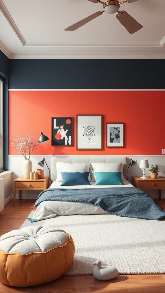 A stylish bedroom featuring color blocking with a red wall and dark blue section, complemented by blue and gray bedding.