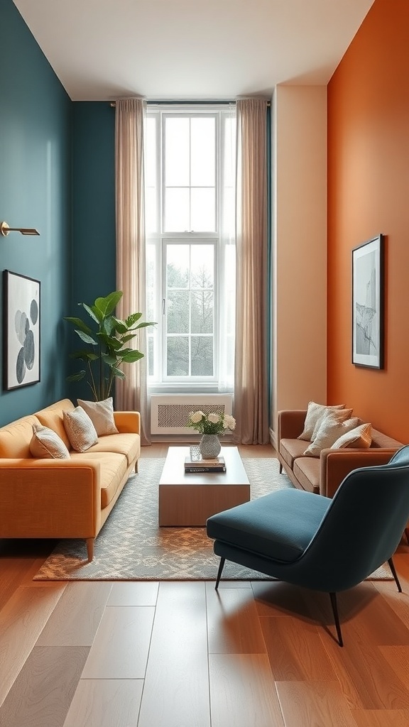 A narrow living room featuring color blocking with teal and orange walls, orange sofa, blue chair, and natural light.