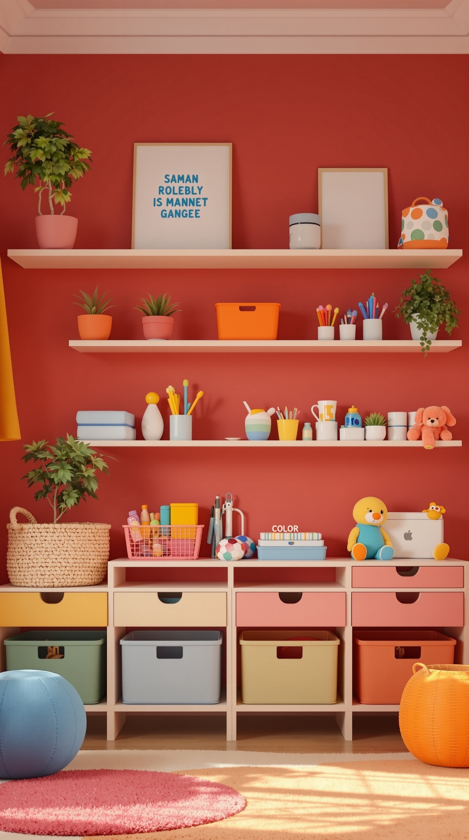 A colorful kids room with organized shelves and storage bins in various colors.