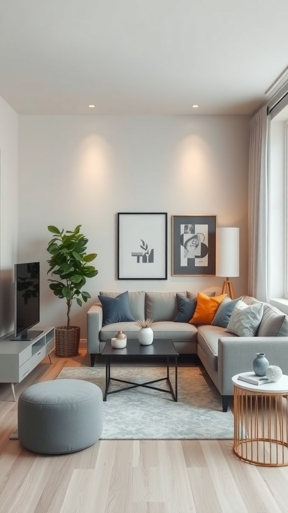 Cozy small apartment living room with gray sofa, colorful cushions, and a plant.