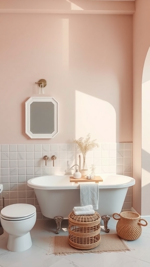 A serene and stylish bathroom featuring soft pink walls, a white bathtub, and natural decor accents.
