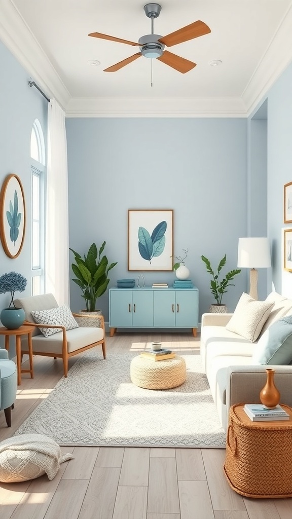 A cozy living room with light blue walls, wooden furniture, and plants, creating a calm atmosphere.