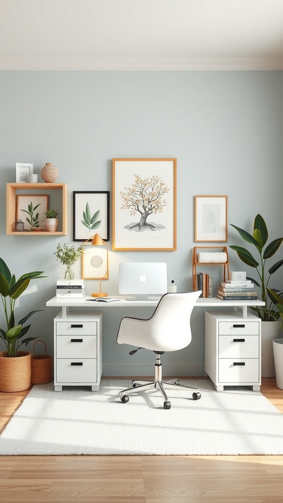 A well-organized home office with soft blue walls, white furniture, and plants.
