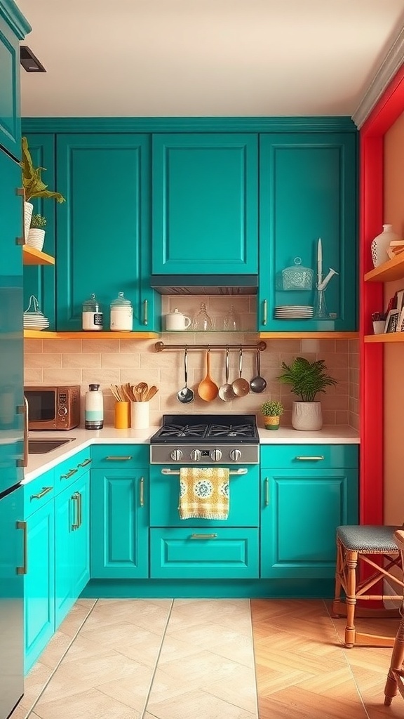 A small kitchen featuring vibrant turquoise cabinets, warm wooden accents, and a cheerful yellow dish towel.