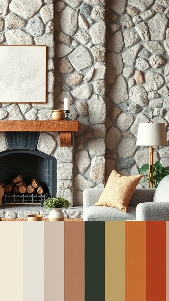 A rustic stone fireplace with a wooden mantel, surrounded by soft-colored decor and a color palette below.