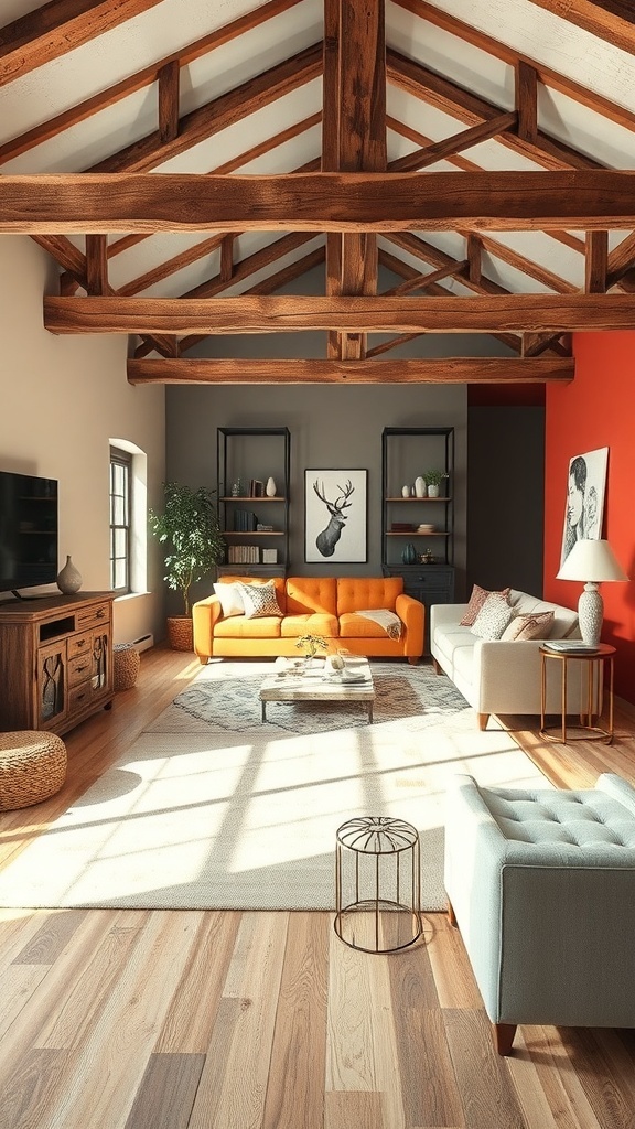 A cozy living room featuring an orange sofa, rustic wooden beams, and contrasting wall colors.