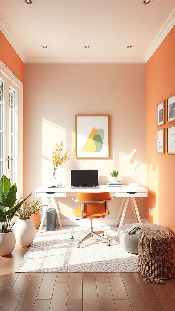 A bright and cozy home office with orange walls, a white desk, and plants.