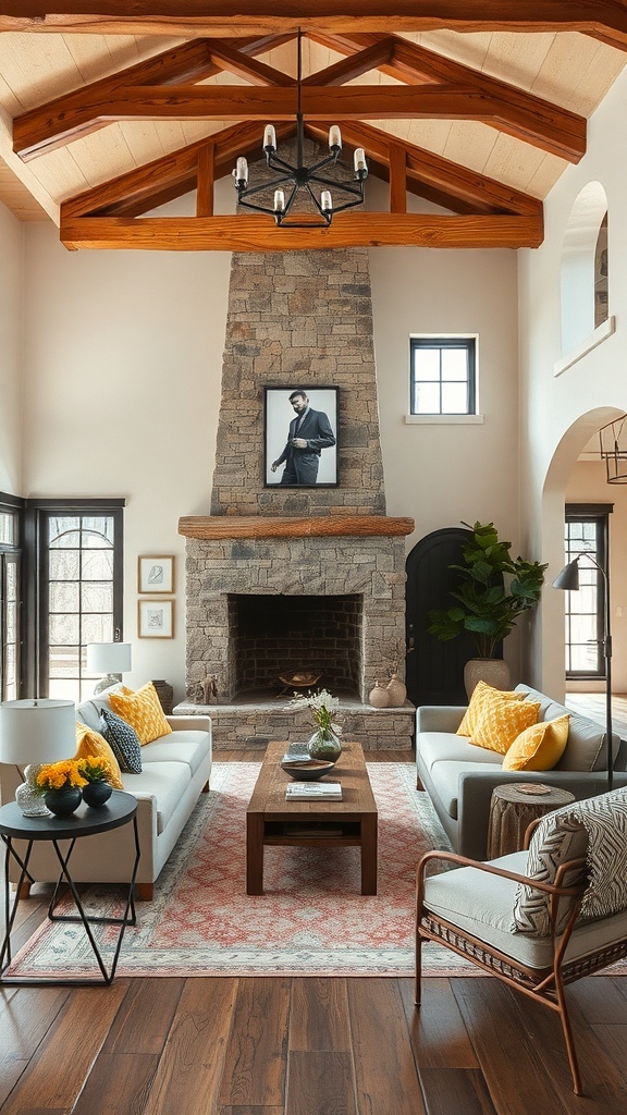 A rustic living room with wooden beams, a stone fireplace, and a cozy color palette featuring gray and yellow.