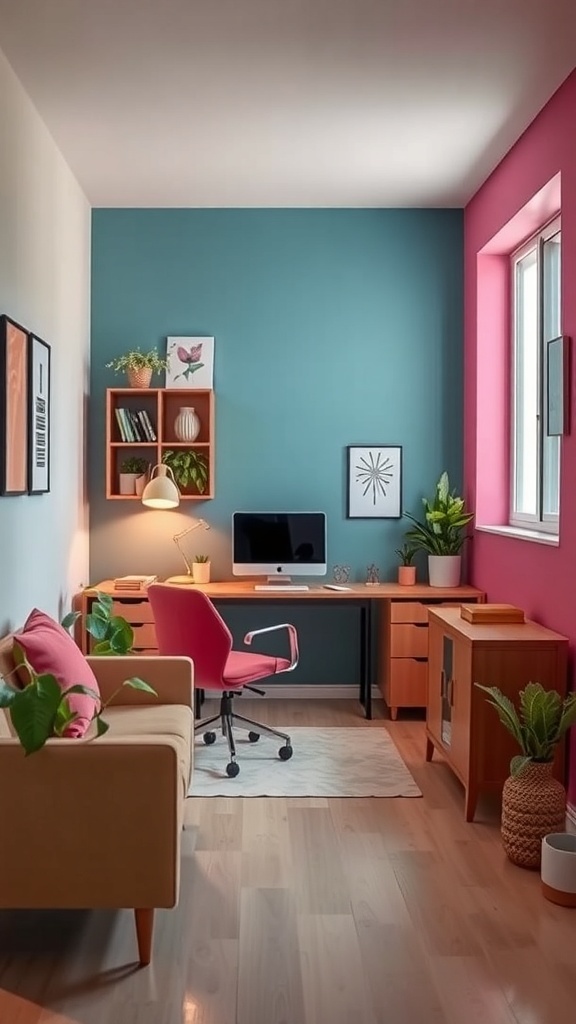 A small office with teal and pink walls, a desk with a computer, and plants.