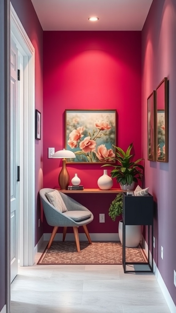 A narrow hallway with a vibrant pink accent wall, featuring floral artwork, a small table with a lamp, and a plant.