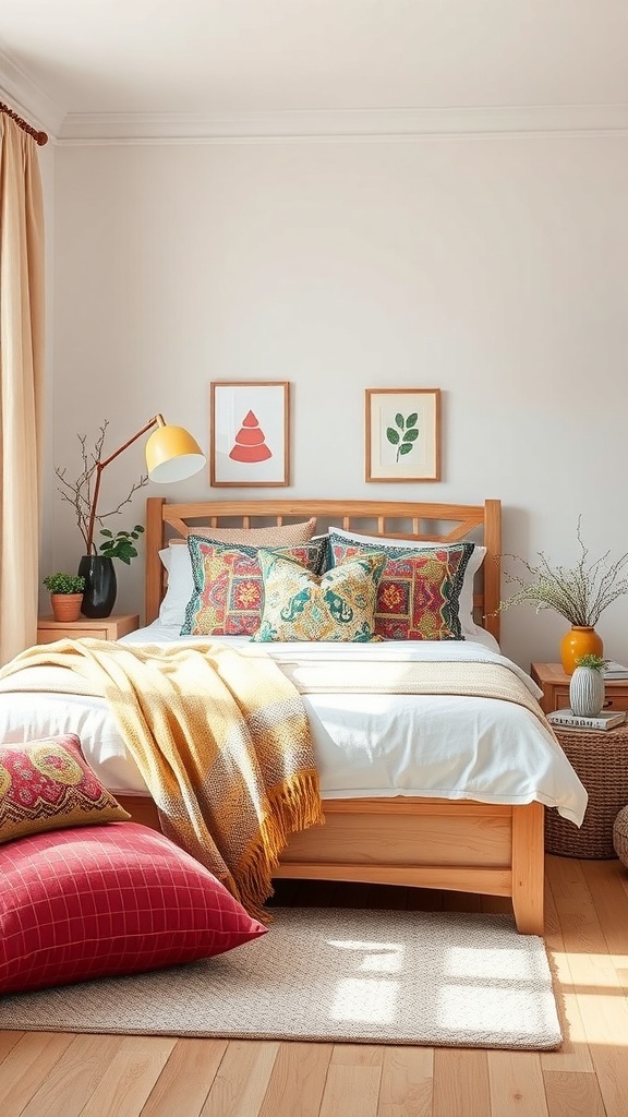 A cozy bedroom with a wooden bed, colorful pillows, a yellow lamp, and framed art on the walls.