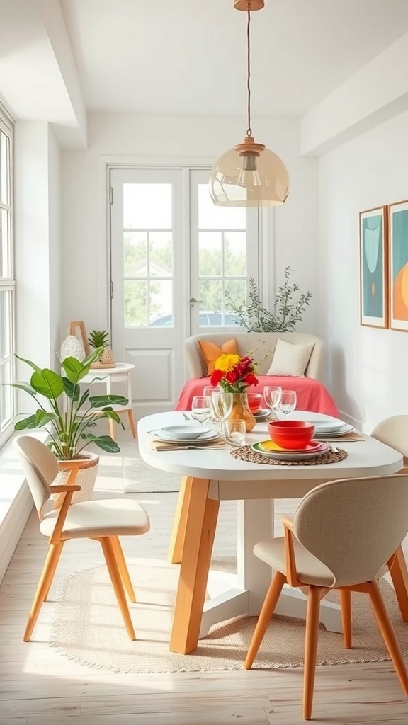 A small dining room with a round table set with colorful dishes and a bright centerpiece, surrounded by light wood chairs and a potted plant.
