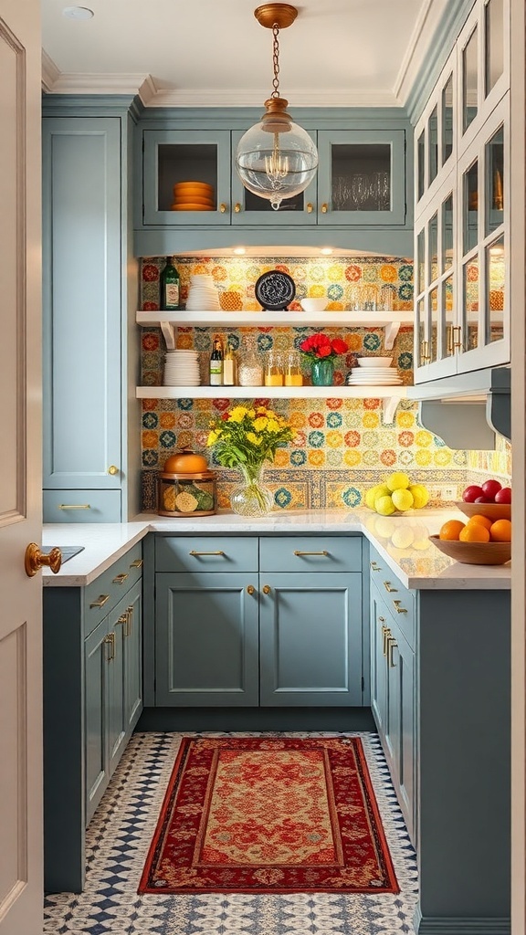 A butler's pantry featuring colorful patterned tiles, blue cabinetry, and open shelving with decorative items.
