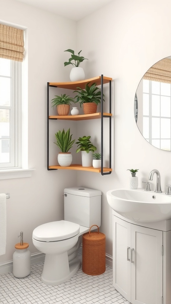A small bathroom featuring a corner shelf with plants, a toilet, and a sink.