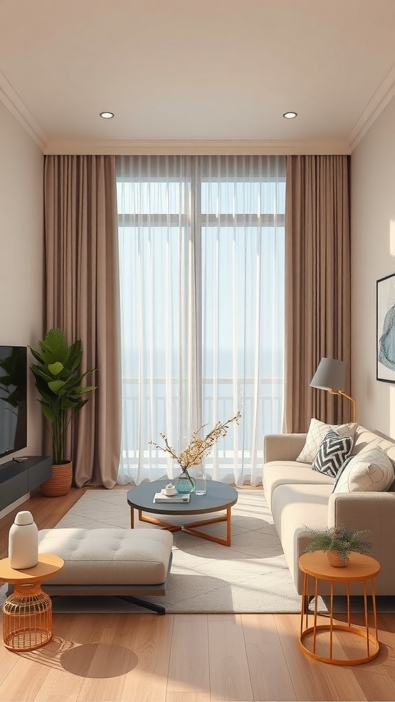 A small living room with long sheer curtains, a beige sofa, and decorative plants.