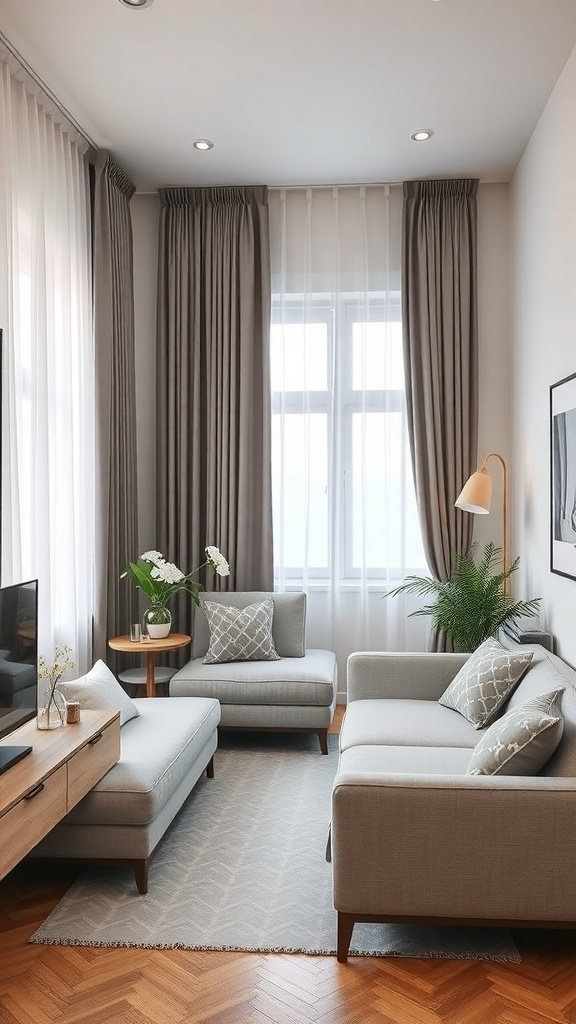 A cozy living room with elegant curtains framing the windows, showcasing a stylish and inviting space.