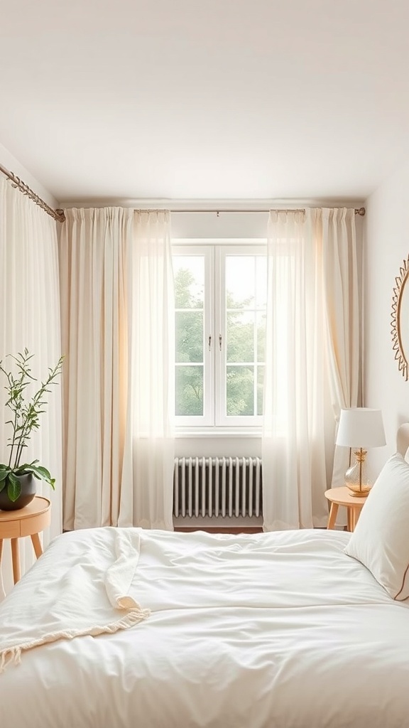 A cozy small bedroom with light curtains framing a window, a bed with white bedding, and a small plant on a bedside table.