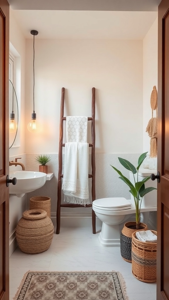 A bohemian bathroom featuring a decorative ladder rack with towels, woven baskets, and a warm color palette.