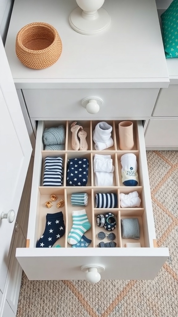 A neatly organized drawer with dividers holding small clothing items like socks and accessories.