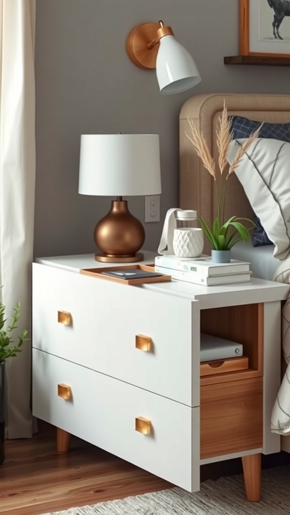 A modern nightstand with two drawers, a lamp, and decorative items.