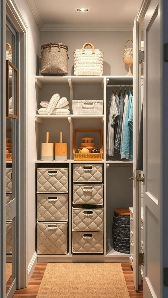 A small walk-in closet featuring organized fabric bins on shelves, with clothing hanging and decorative items.
