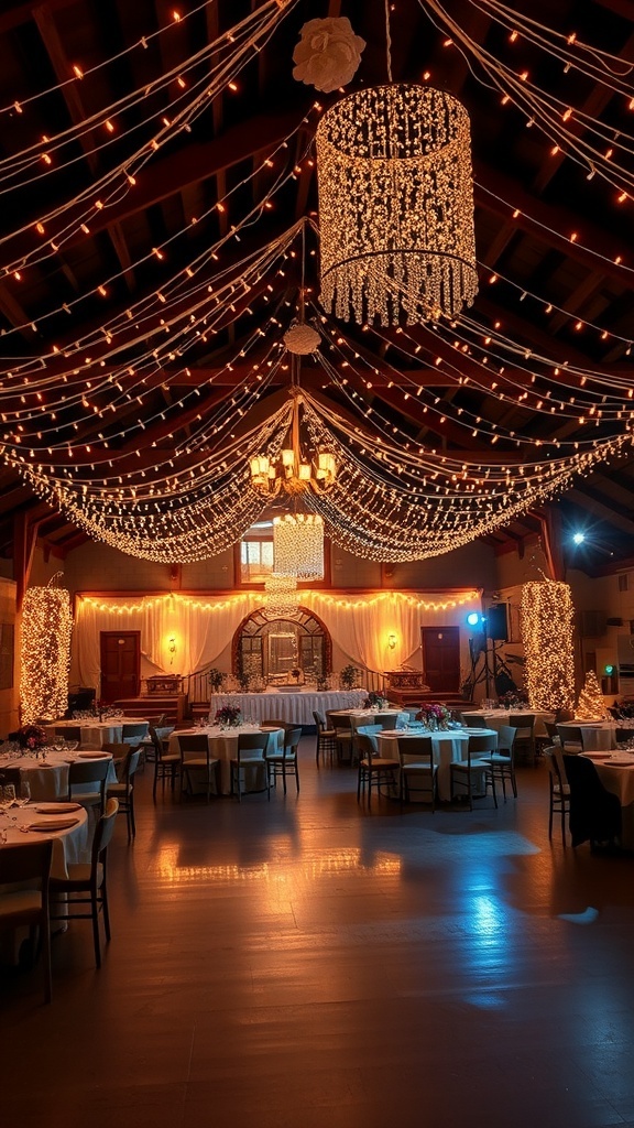 A beautifully decorated wedding reception venue with fairy lights draped across the ceiling and warm glowing ambiance.