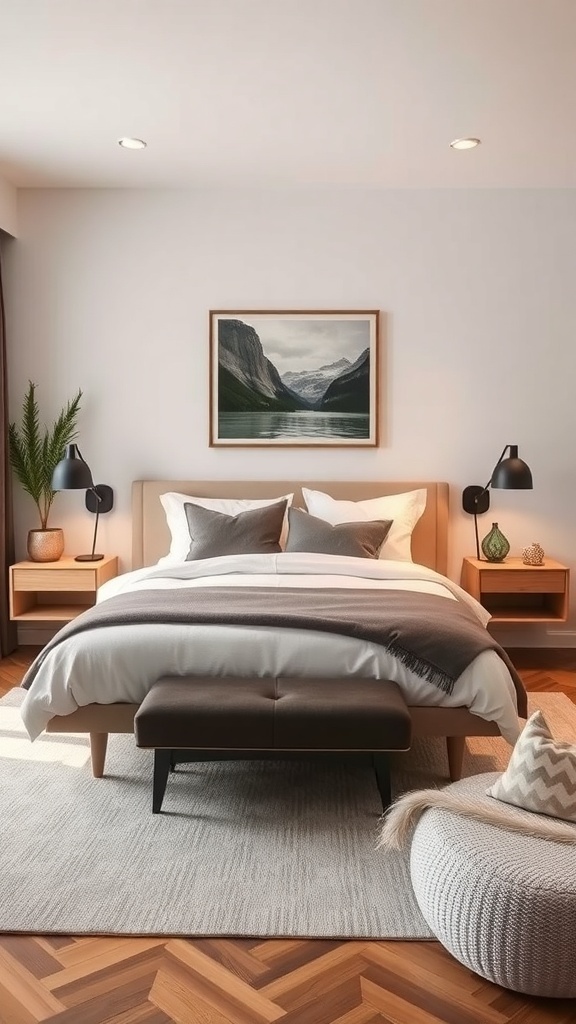 A modern tiny guest bedroom featuring a bed, floating nightstands, and stylish decor.