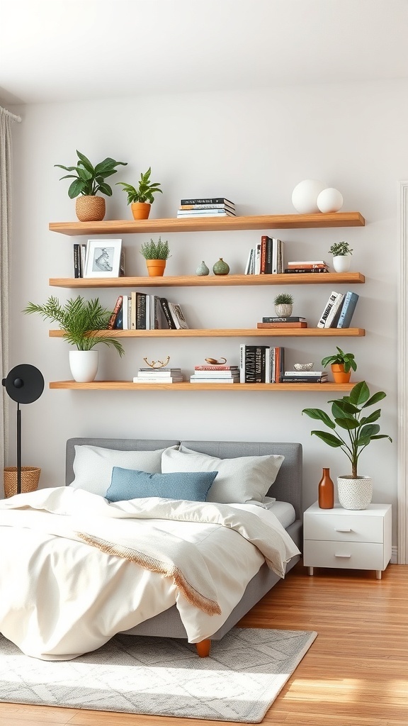 A cozy bedroom featuring floating shelves above the bed, displaying plants, books, and decorative items.