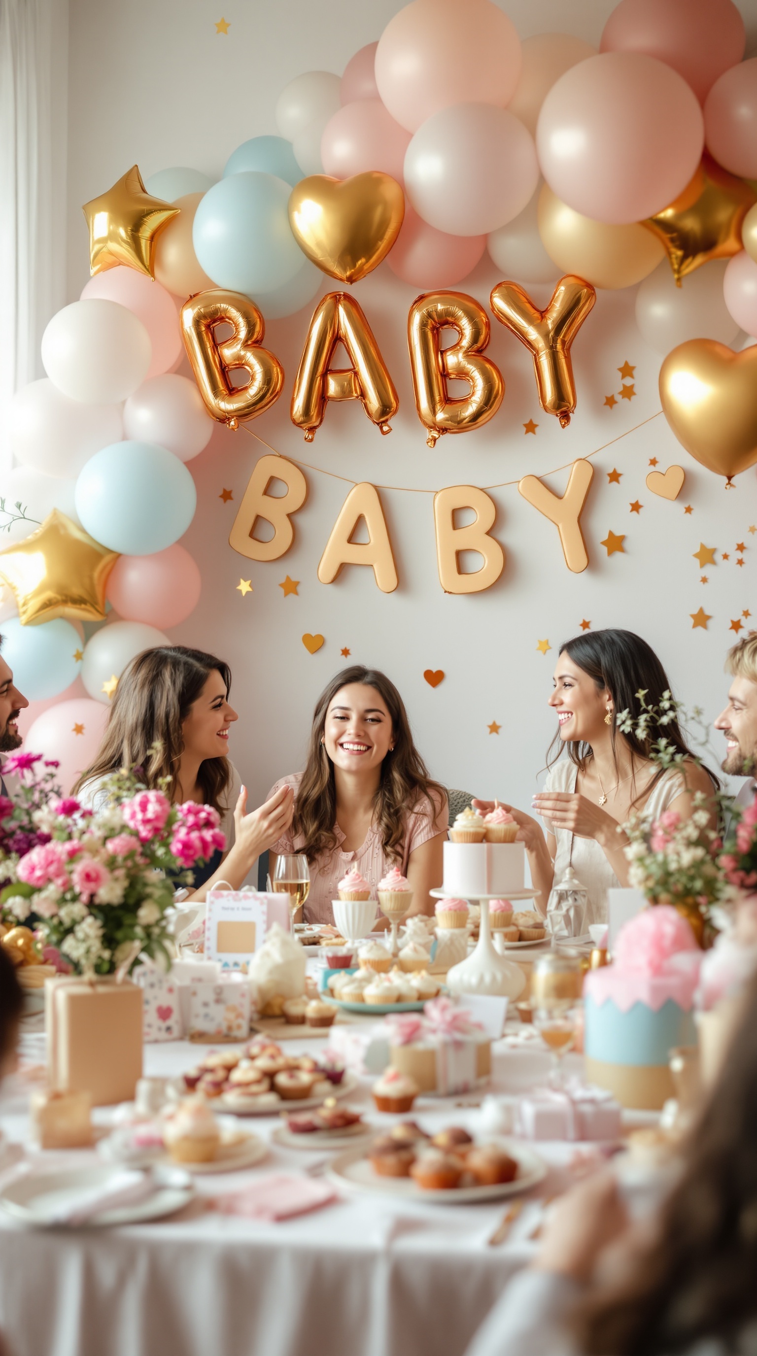 A baby shower scene featuring a balloon arch with foil balloons spelling 'BABY' and pastel-colored balloons.