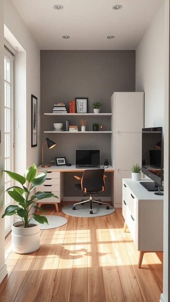 A narrow home office featuring a foldable desk, chair, and shelves, with a plant for decoration.