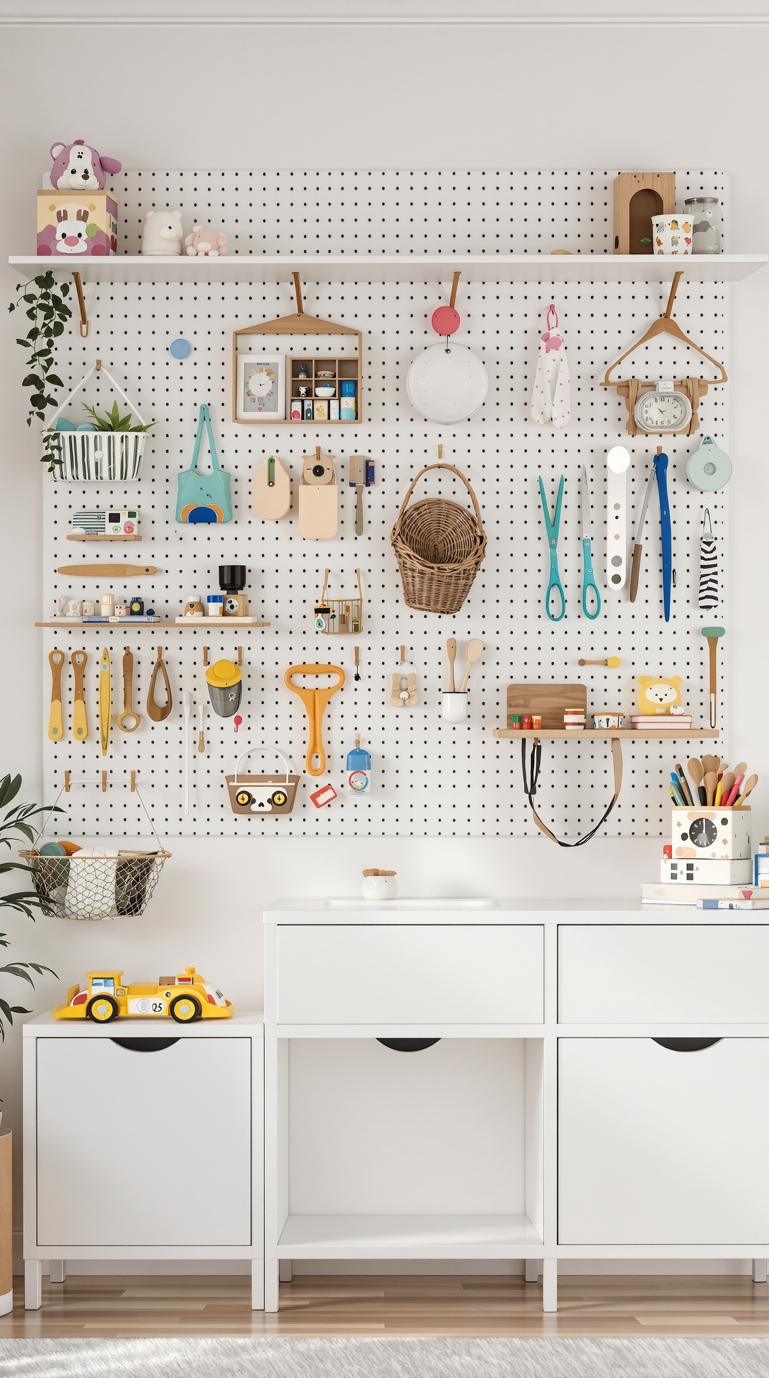 A colorful pegboard filled with toys and tools, organized with hooks and shelves.