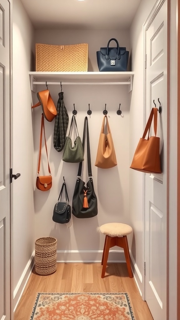 A small walk-in closet with hooks displaying various bags and a shelf above.